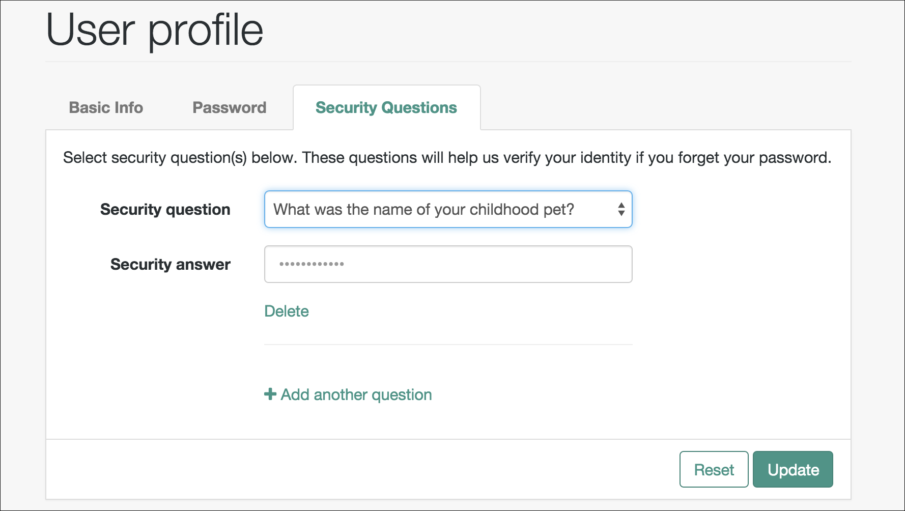 user profile page sec questions tab