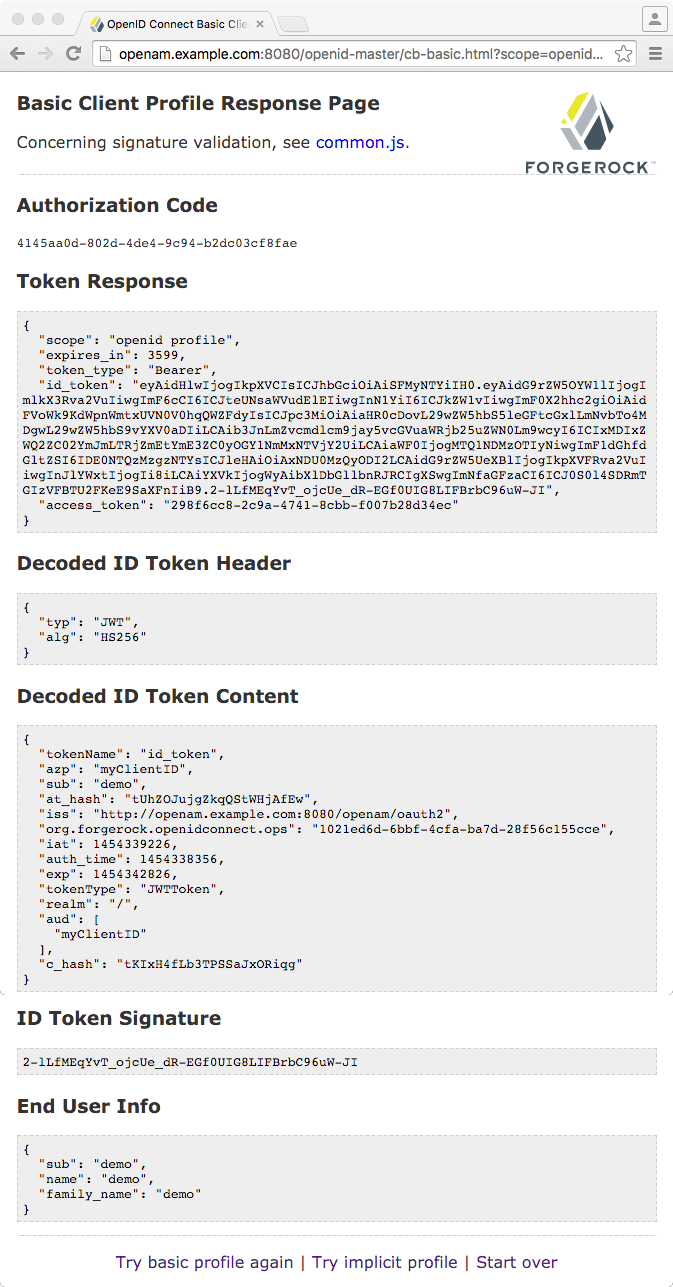 openid connect basic response page