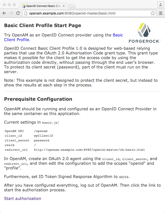 openid connect basic start page