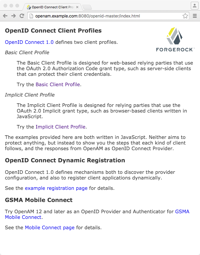 openid connect example start page