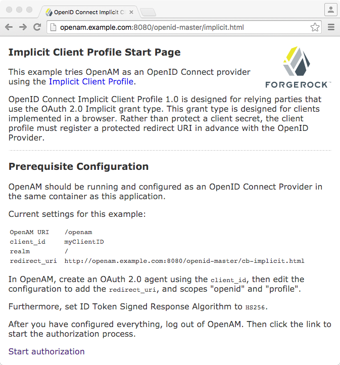 openid connect implicit start page