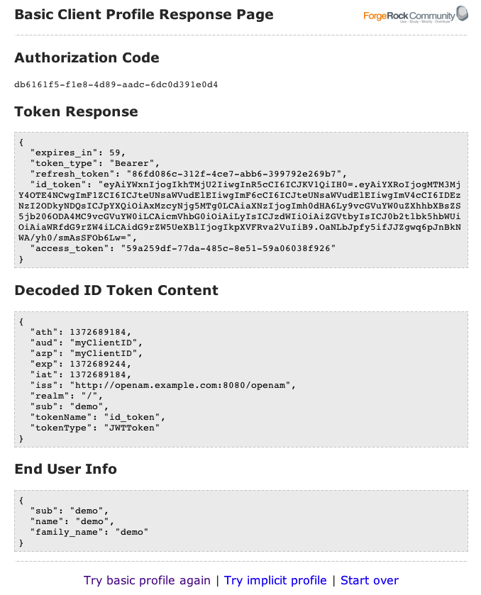 OpenID Connect Basic Client Profile Response Page