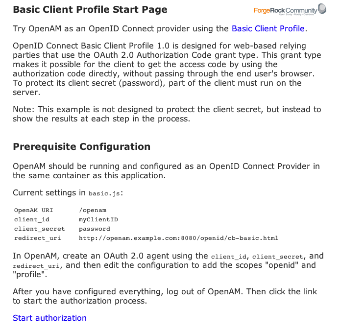 OpenID Connect Basic Client Profile Start Page