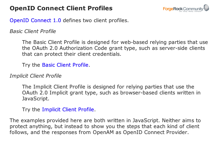 OpenID Connect Client Profiles Start Page