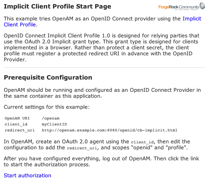 OpenID Connect Implicit Client Profile Start Page